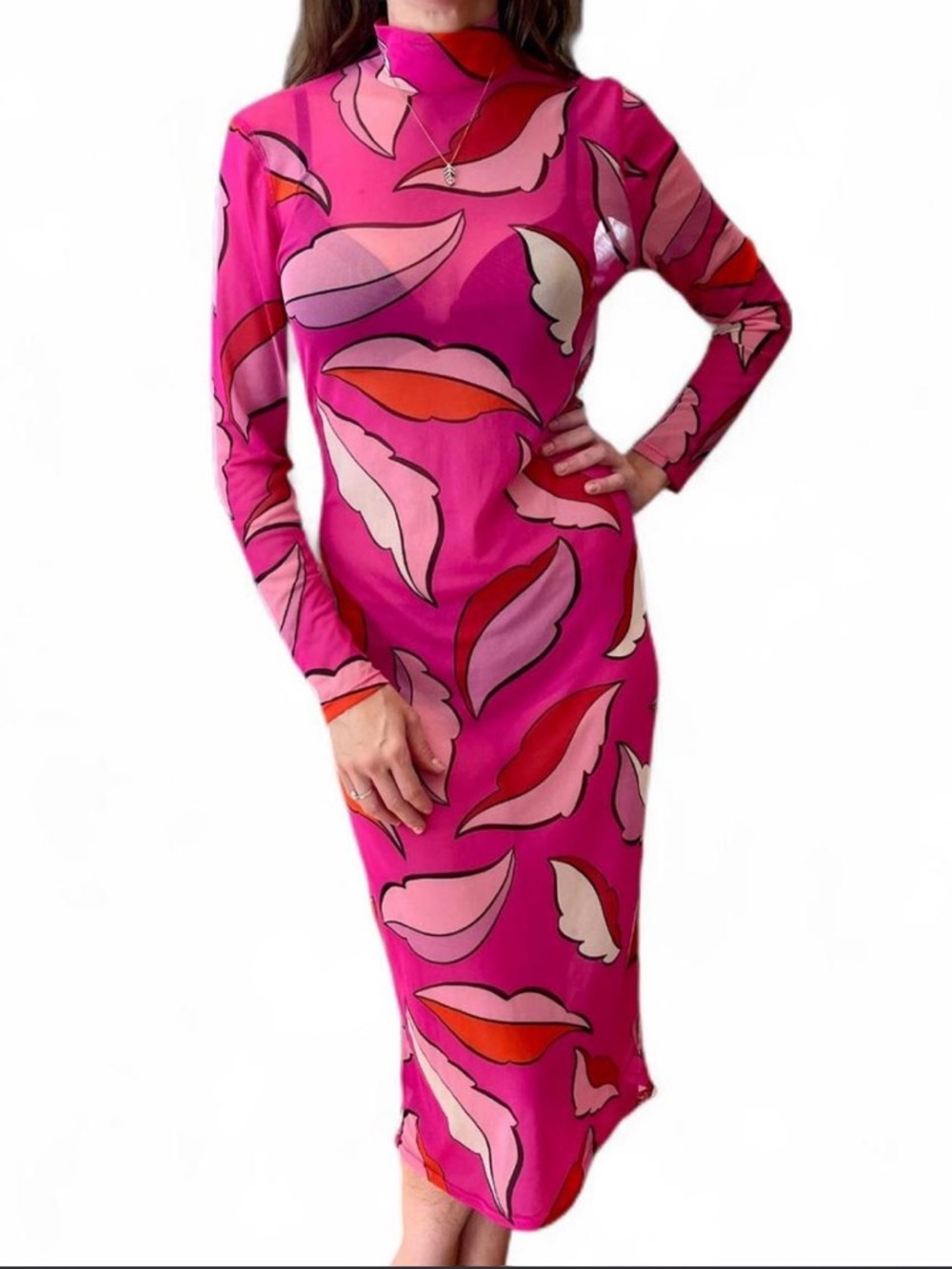 Y2K Abstract Print Mesh Dress | Bodycon Light Pink Red Fuchsia | SZ M